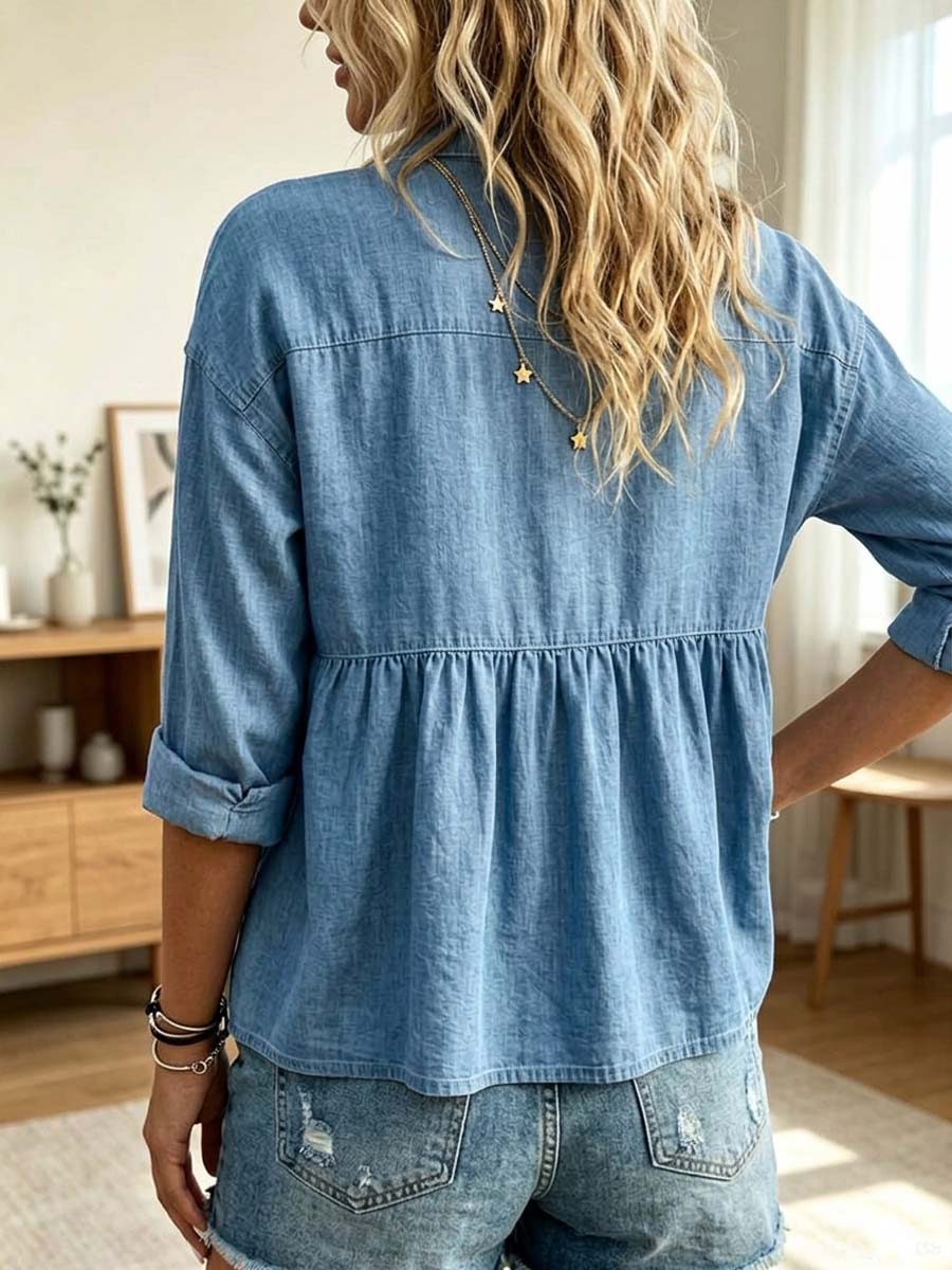Women's Art Ruffle Button Casual Long Sleeve Lapel Cotton Linen Shirt