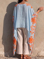 Vintage Elegant Irregular Cotton And Linen Floral Print Shirt