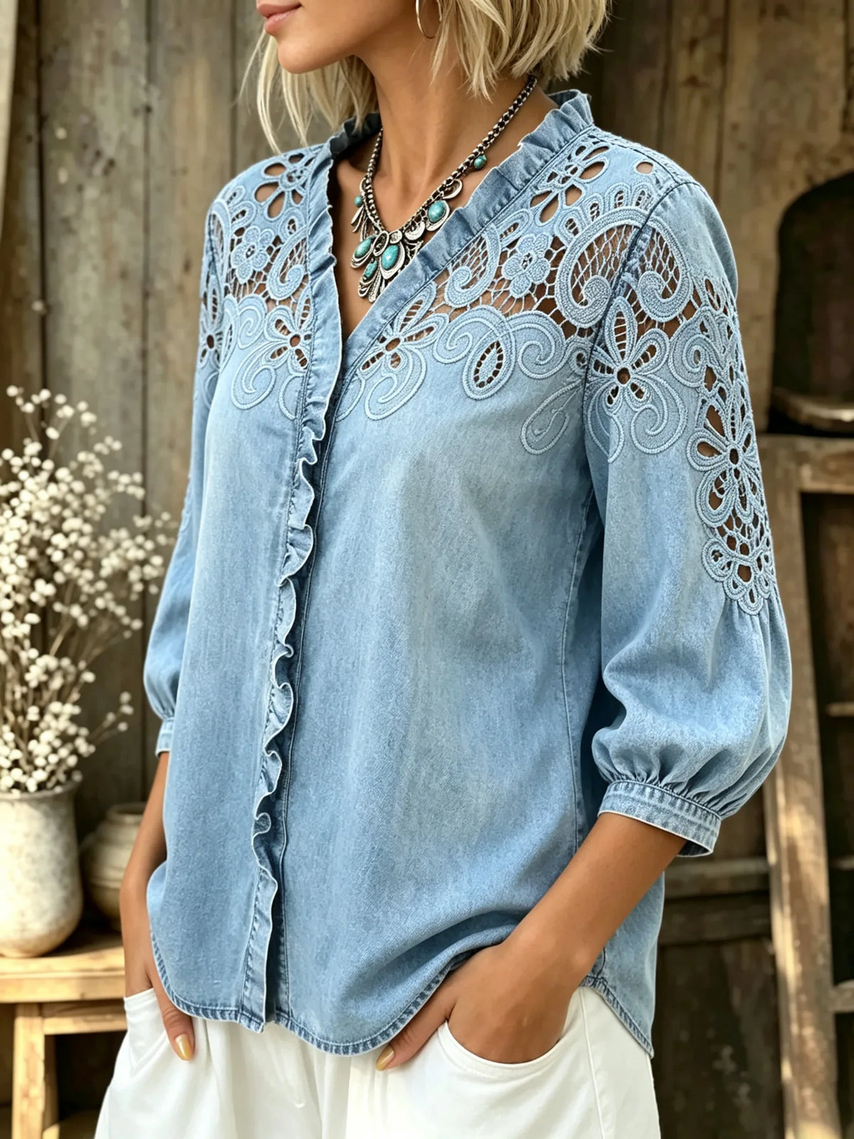 Women's Floral Cutout Ruffle V-Neck Puff 3/4 Sleeve Denim Shirt