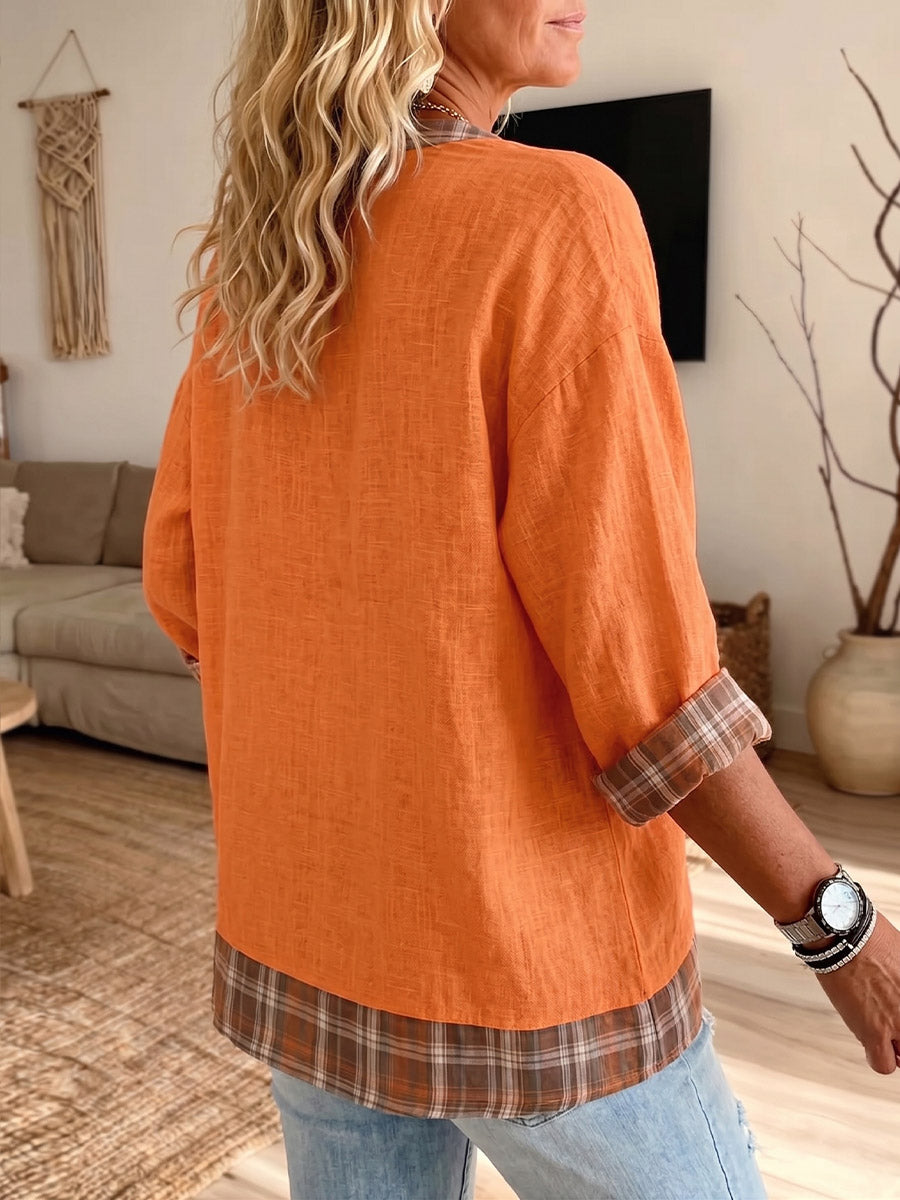 Vintage Elegant Button Long Sleeve Cotton And Linen Plaid Shirt