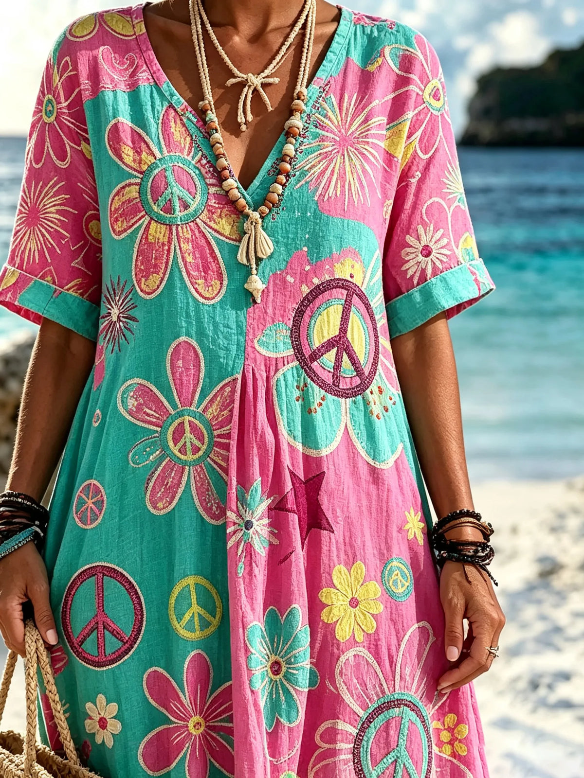 Women Hippie Peace Flower Color Contrast Print Beach Maxi Dress