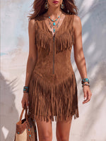 Vintage Elegant Suede Western-style Fringed Dress