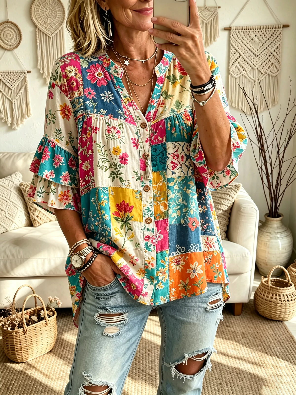 Women's Patchwork Floral Stand Neck Ruffle 3/4 Flare Sleeve Shirt