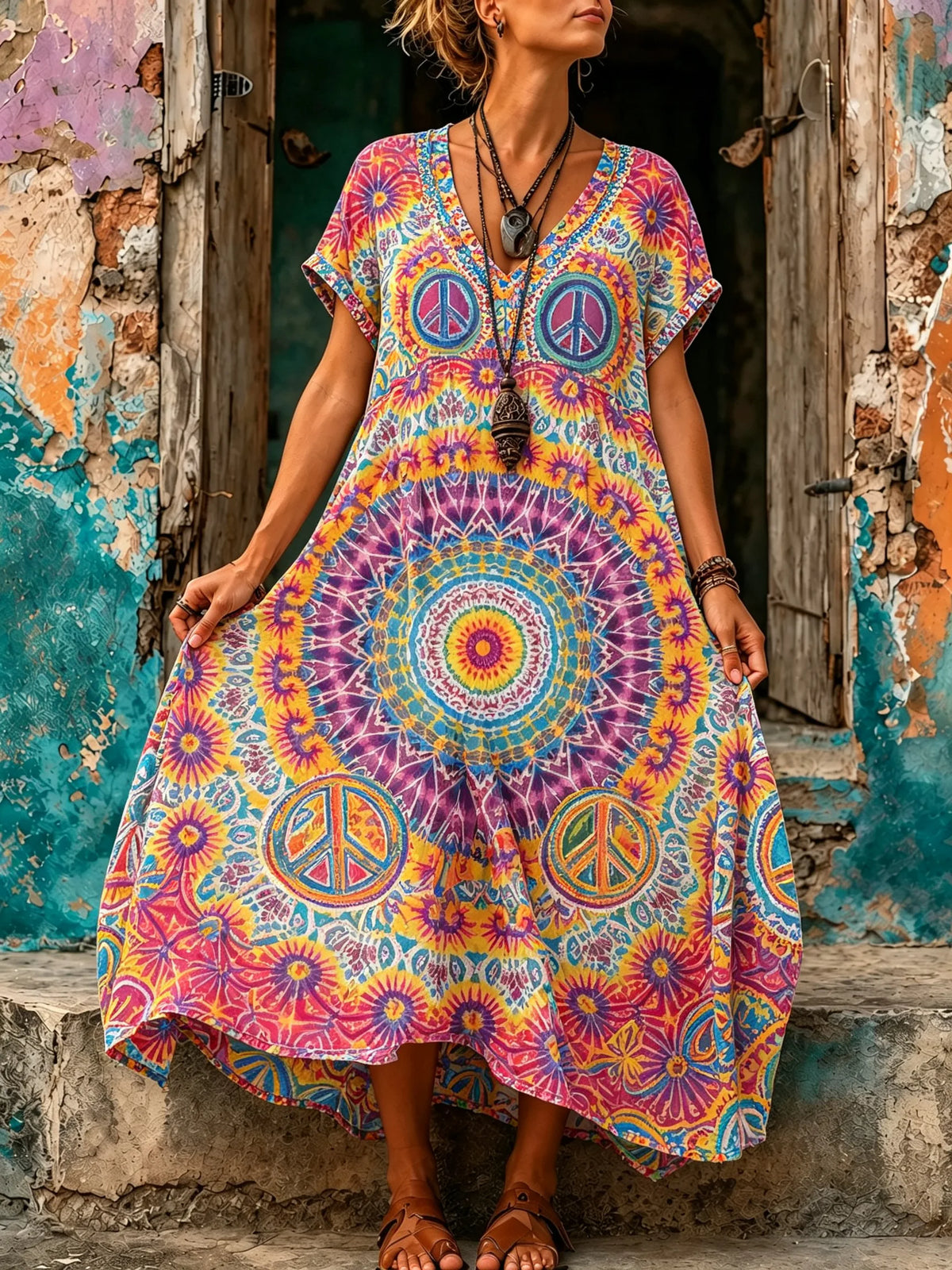 Women Mandala Peace Sign Tie-Dye Maxi Dress