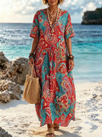 Women Red Base Vintage Paisley Swirl Print Casual Maxi Dress