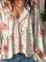 Women's Floral Pattern Art Print Ruffle Casual Long Sleeve Cotton Linen Shirt