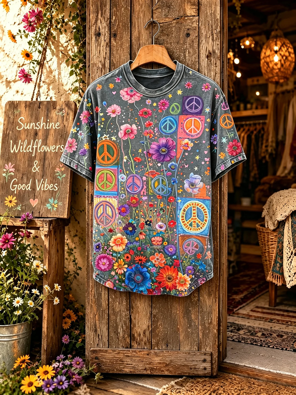 Unisex Retro Patchwork Flower Peace Sign Print Short Sleeve T-Shirt