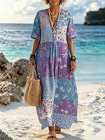 Women Purple Blue Patchwork Dragonfly Tiny Floral Print Maxi Dress