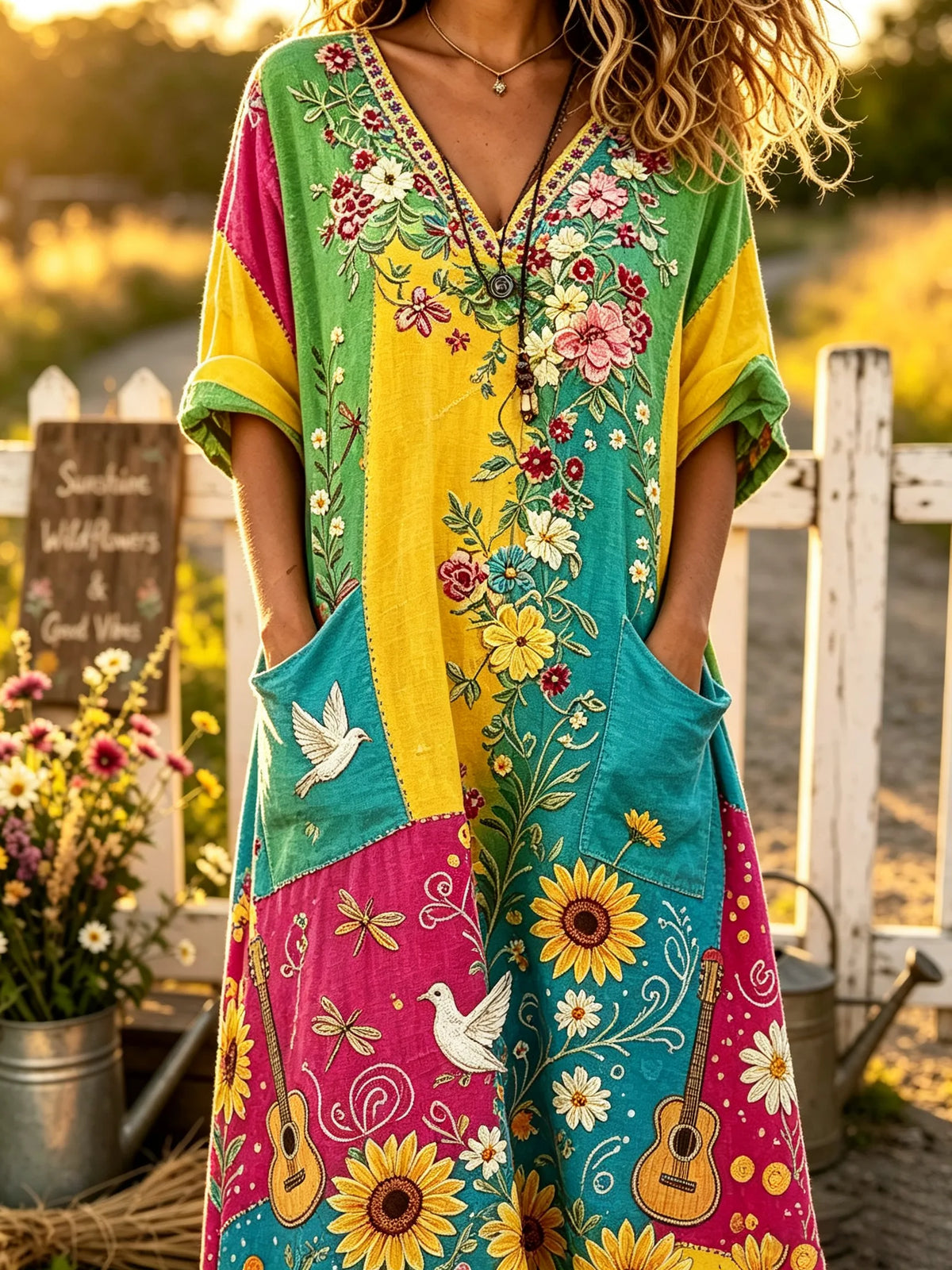 Women's Sunflower Dove Guitar Patchwork Print V-Neck Midi Dress