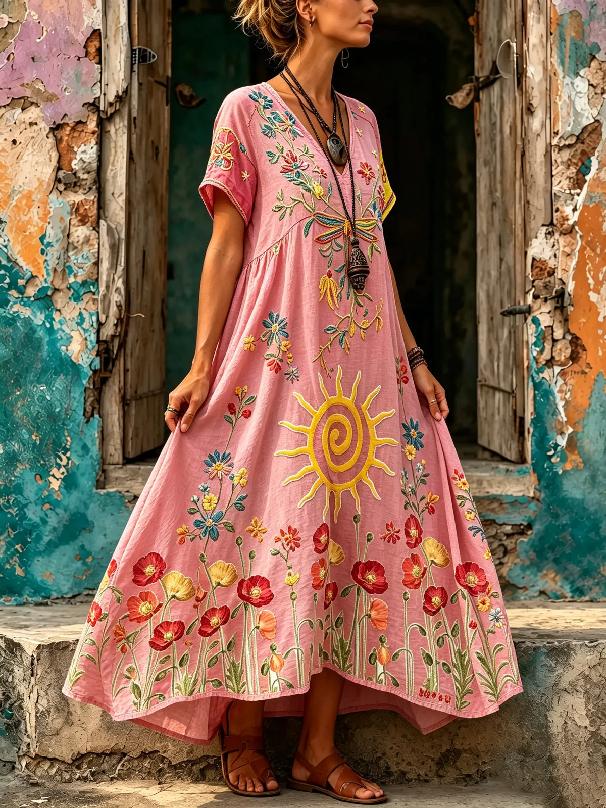 Women Sun Poppy Floral Print V-Neck Maxi Dress
