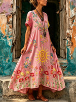Women Sun Poppy Floral Print V-Neck Maxi Dress