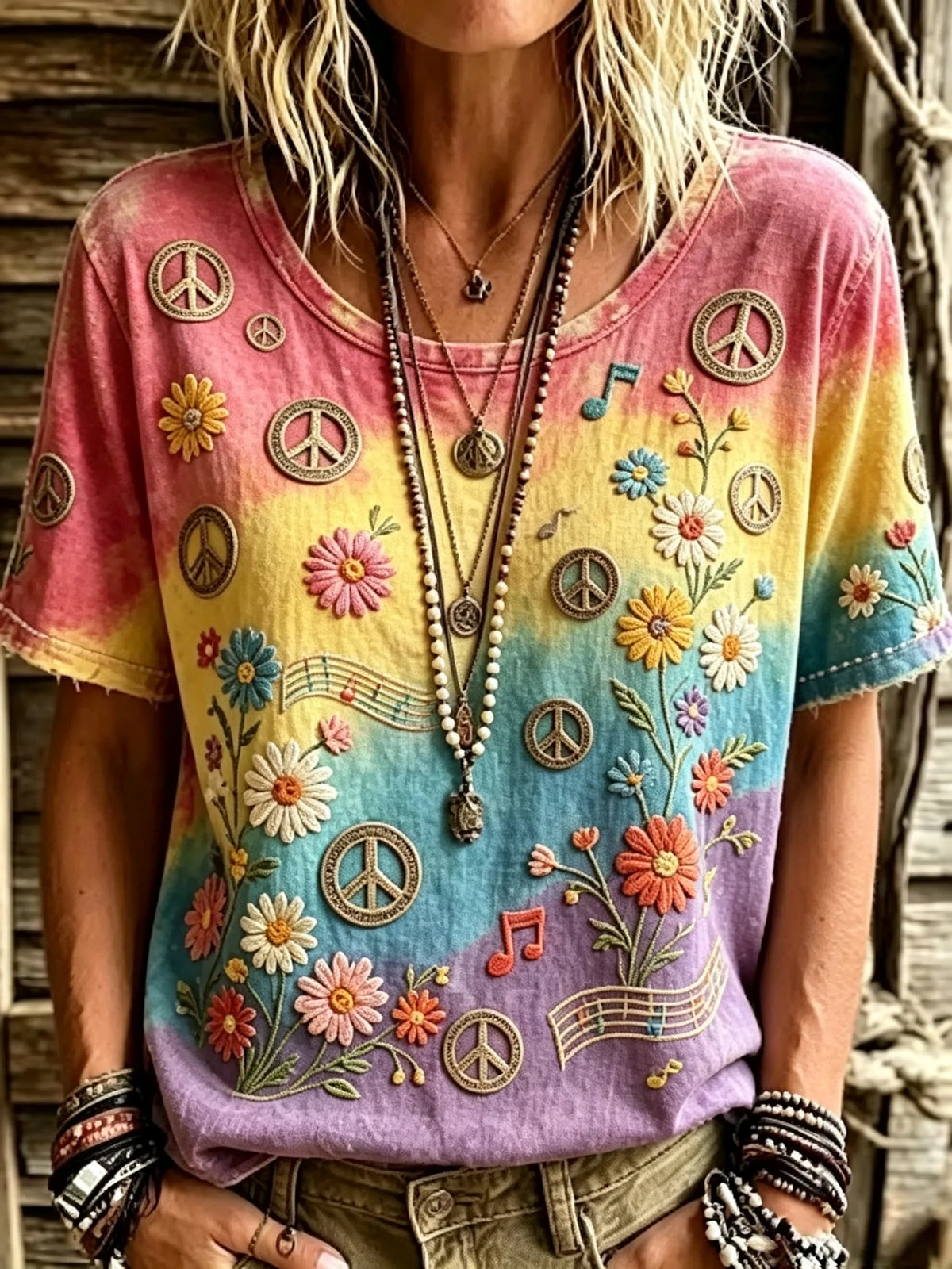 Women's Gradient Tie-Dye Daisy Music Note Peace Sign Embroidery Crew Neck Tee