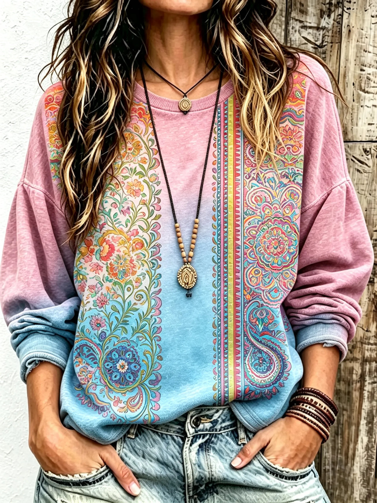 Women's Paisley Floral Vertical Stripe Gradient Crew Neck Long Sleeve Sweatshirt