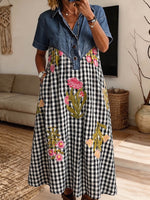Vintage Elegant Checkered Flowers Pattern Print Patchwork Denim Dress