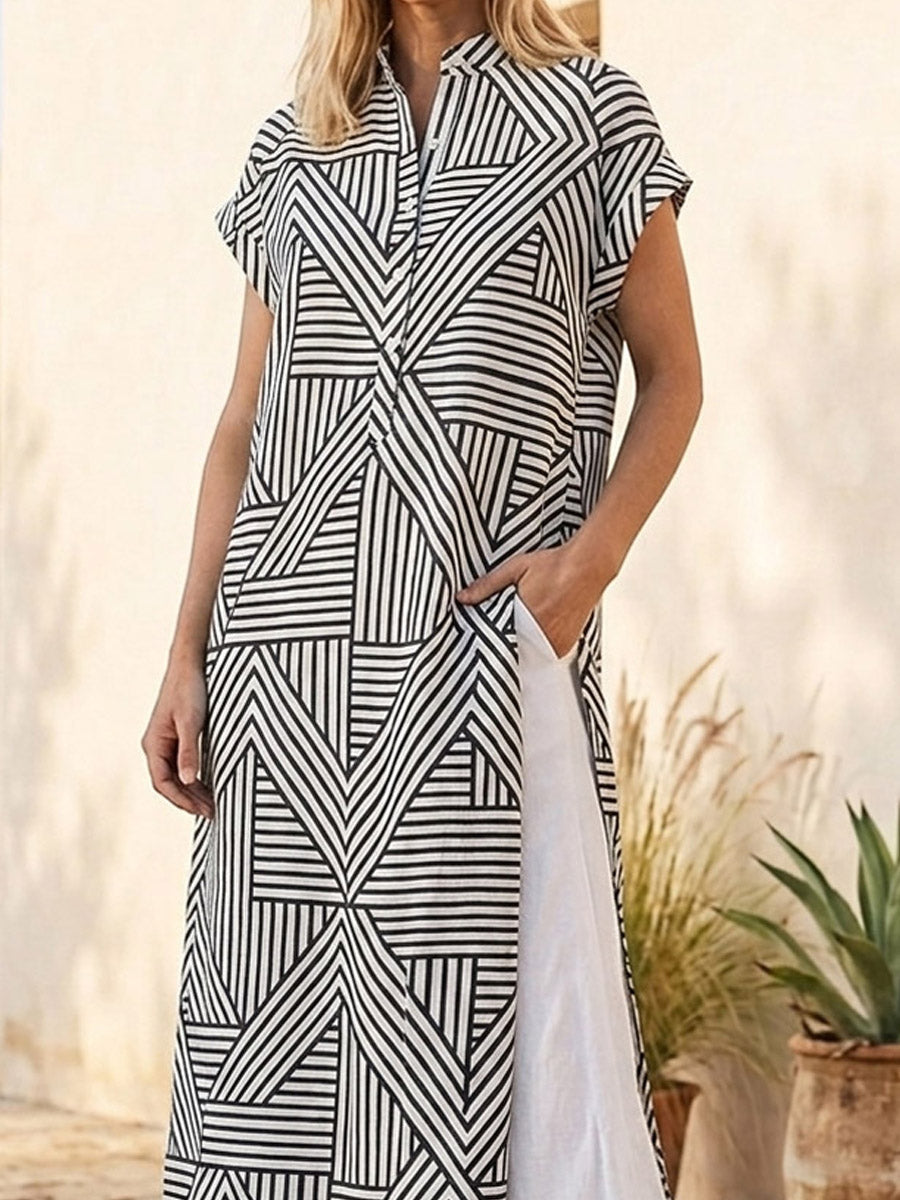 Geometric Pattern Art Print Casual Side Slits Stylish Cotton Linen Shirt