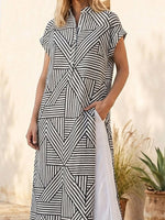 Geometric Pattern Art Print Casual Side Slits Stylish Cotton Linen Shirt