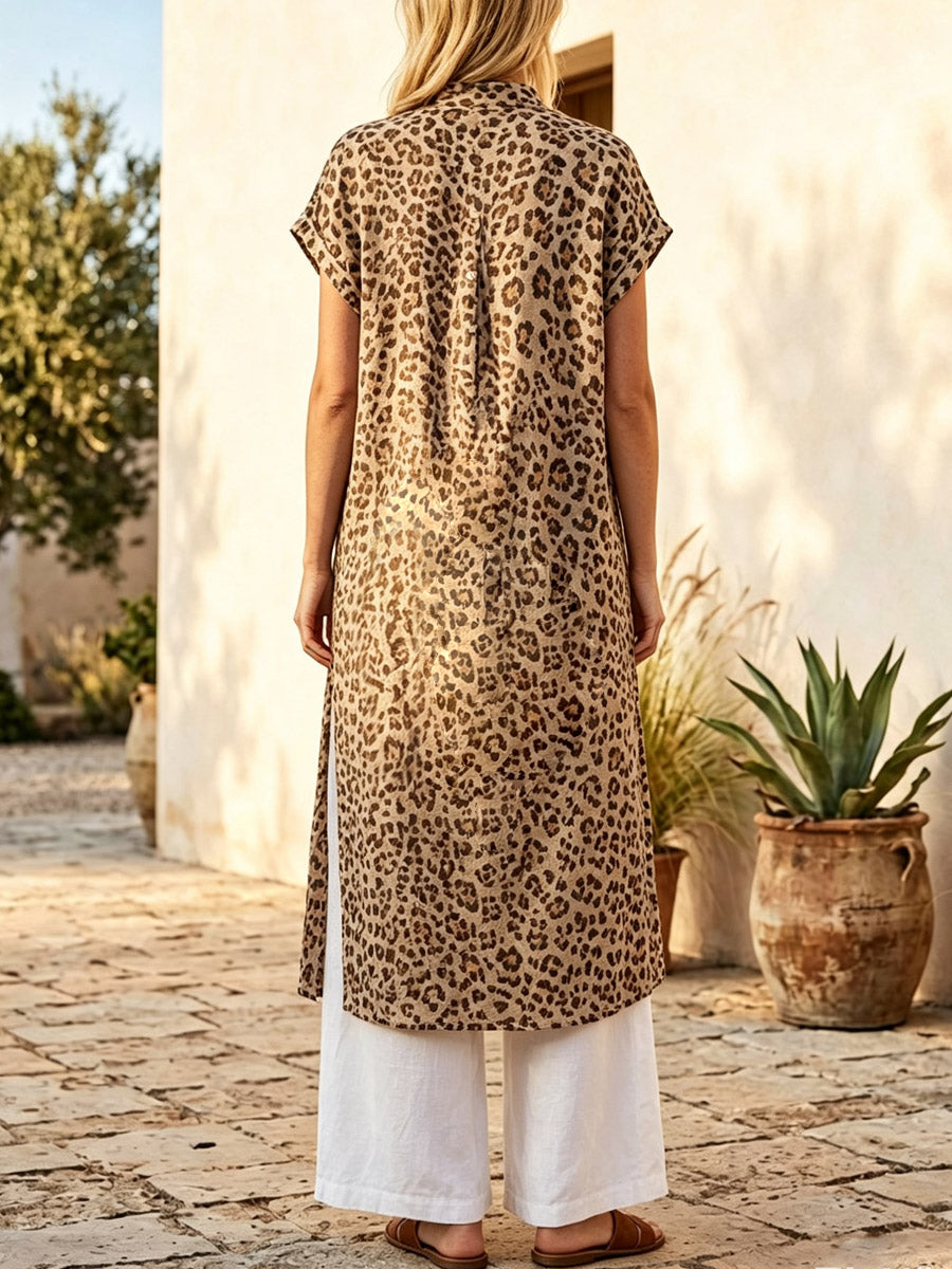 Retro Leopard Pattern Art Print Casual Side Slits Stylish Cotton Linen Shirt