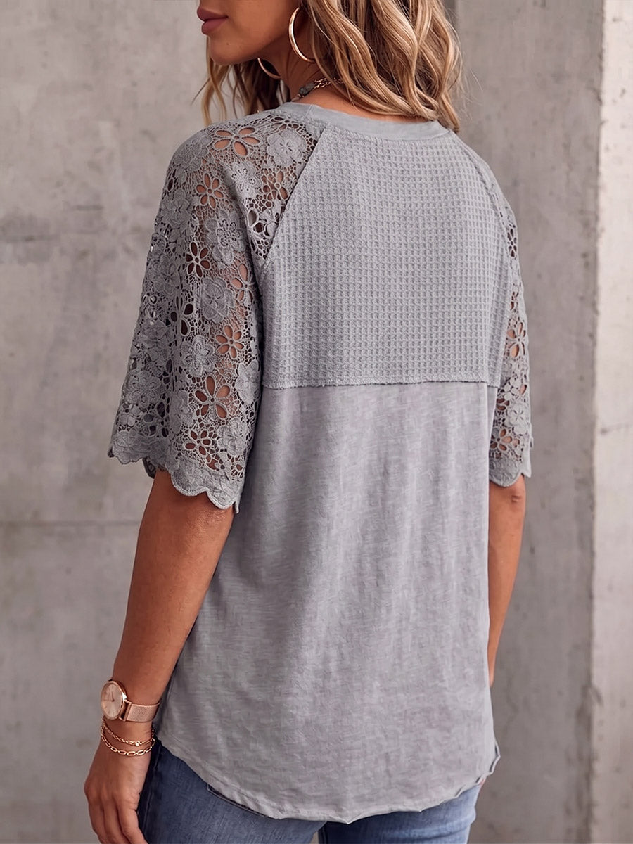 Vintage Elegant Openwork Lace Patchwork Waffle Shirt