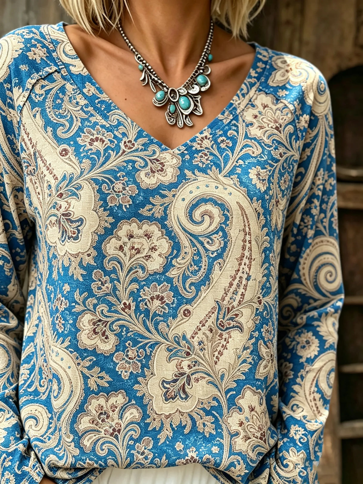 Women's Paisley Print V-Neck Long Sleeve Top