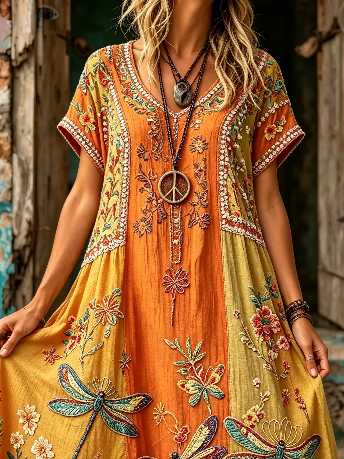 Women Dragonfly Floral Patchwork Print V-Neck Maxi Dress