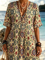 Women Vintage Persian Floral Paisley All Over Print V Neck Maxi Dress