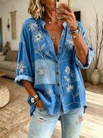 Women’s Blue White Floral Print Button Down Shirt