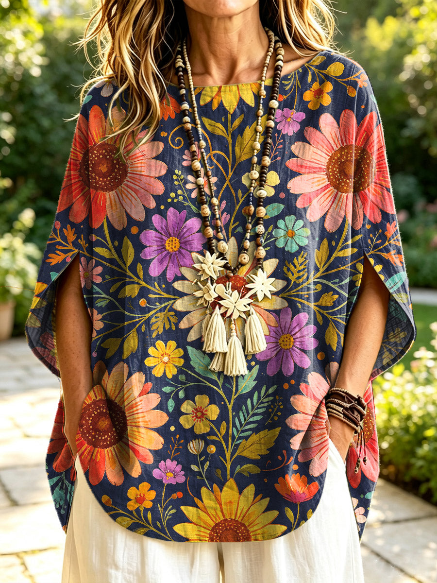 Women's Floral Pattern Art Print Casual Short Sleeve Cotton Linen Shirt
