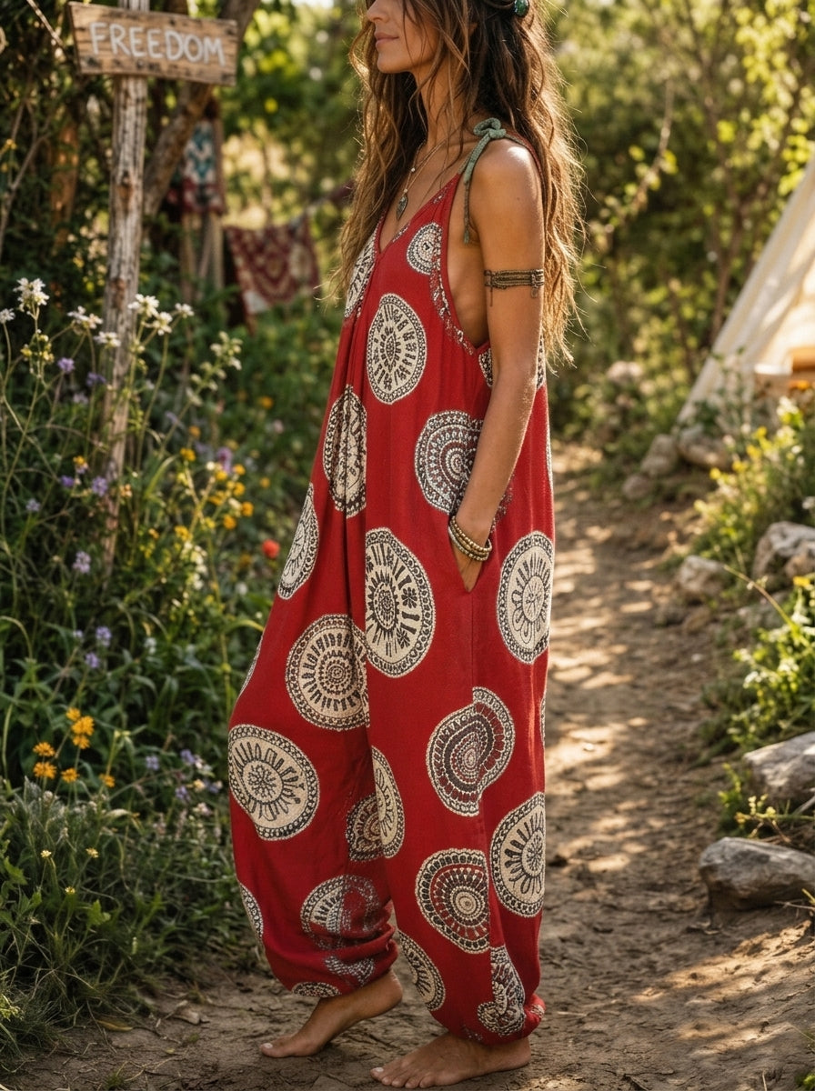 Women’s Red Mandala Print Spaghetti Strap Boho Harem Jumpsuit With Pockets