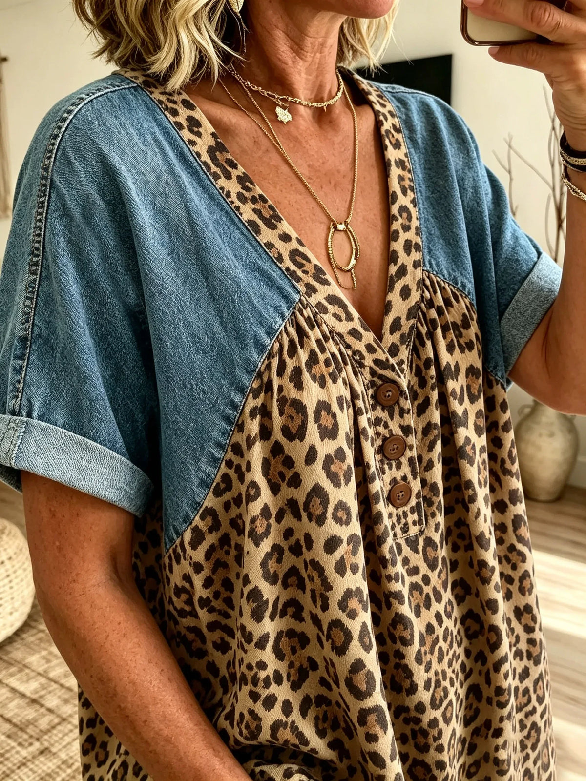 Women's Denim Spliced Leopard Print V-Neck Henley Short Sleeve Top