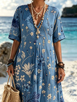Women Blue Ink Wash Wildflower Minimal Print V Neck Vacation Maxi Dress