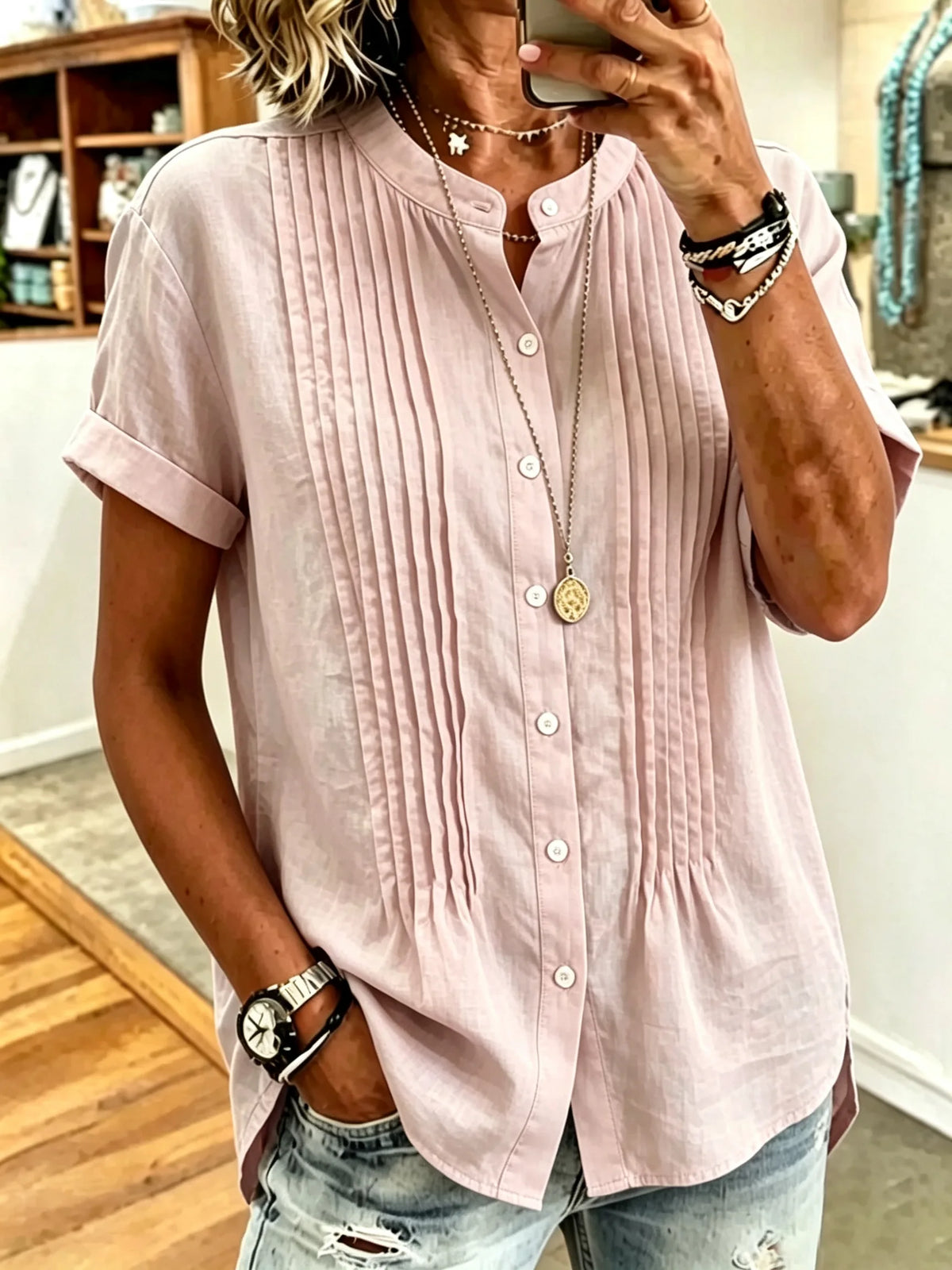 Women's Front Pleated Stand Collar Short Sleeve Linen Cotton Blouse