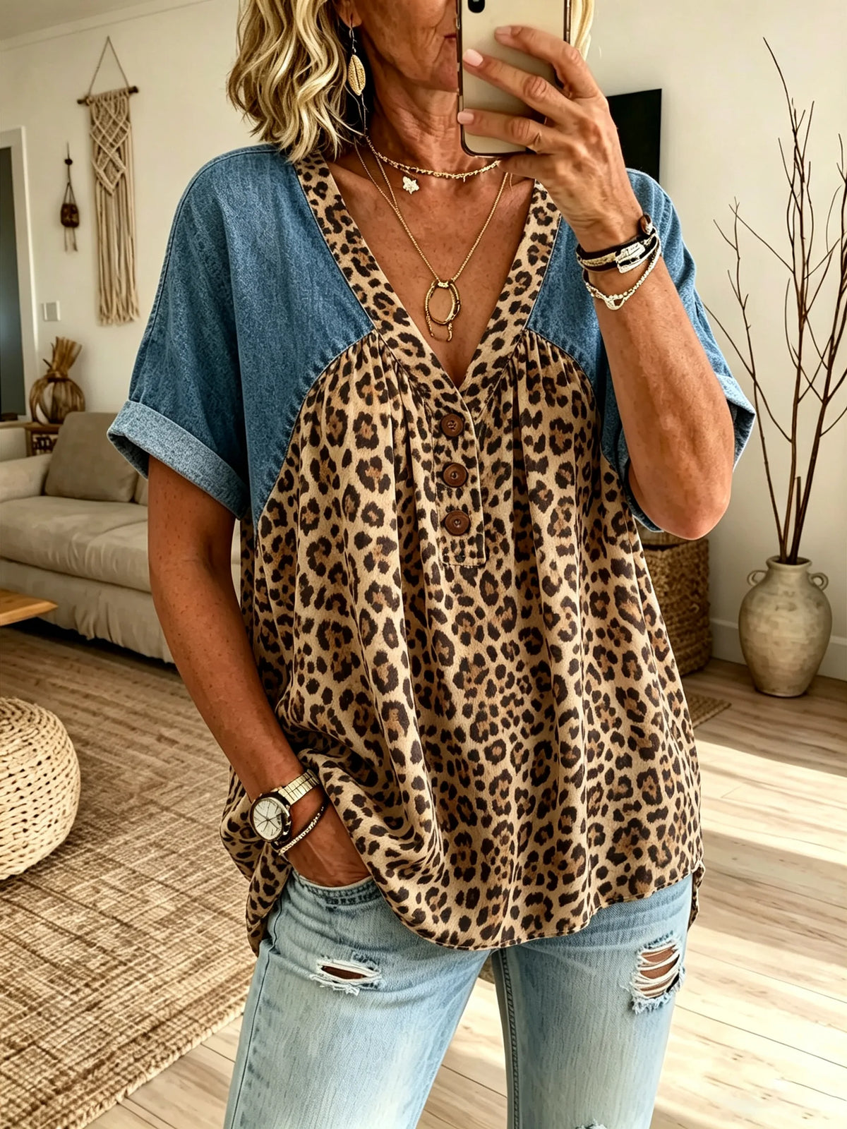 Women's Denim Spliced Leopard Print V-Neck Henley Short Sleeve Top