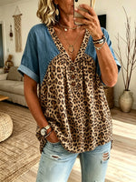 Women's Denim Spliced Leopard Print V-Neck Henley Short Sleeve Top