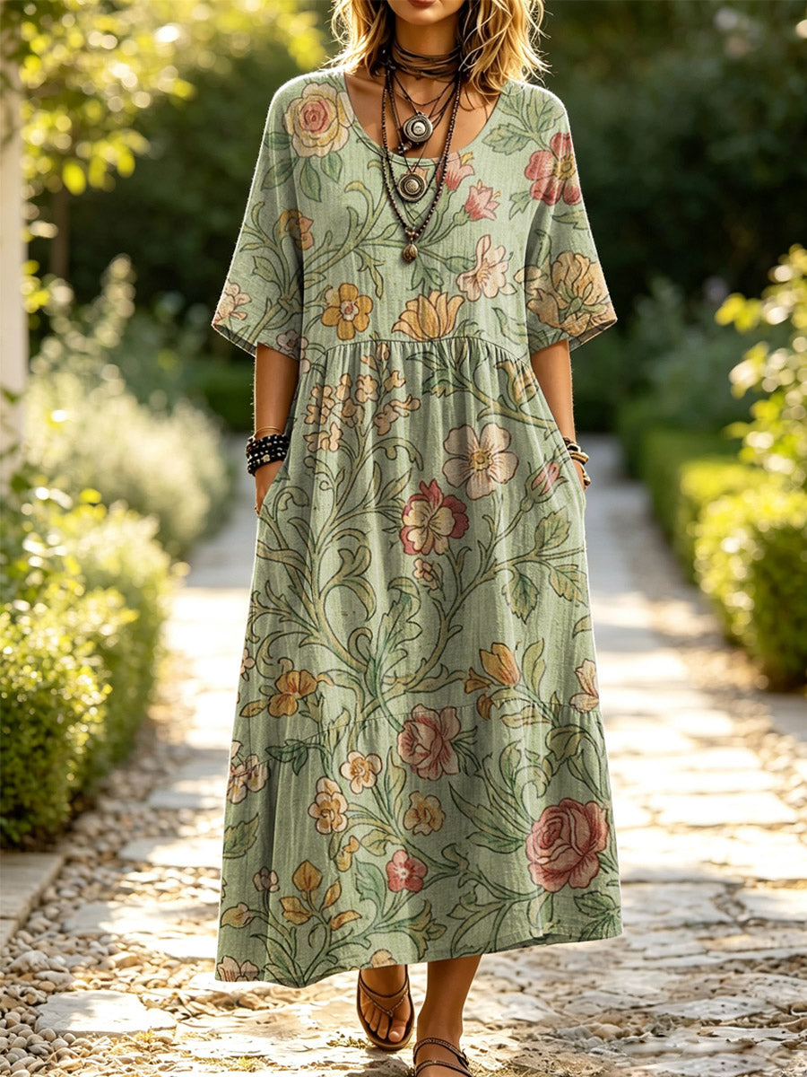 Women's Floral Pattern Art Print Casual Short Sleeve Linen Dress