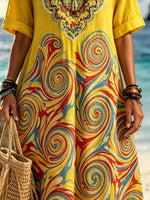 Women Art Swirl Embroidery V Neck Vacation Maxi Dress