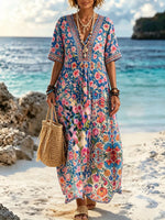 Women Watercolor Rose Floral All Over Print Boho Beach Maxi Dress