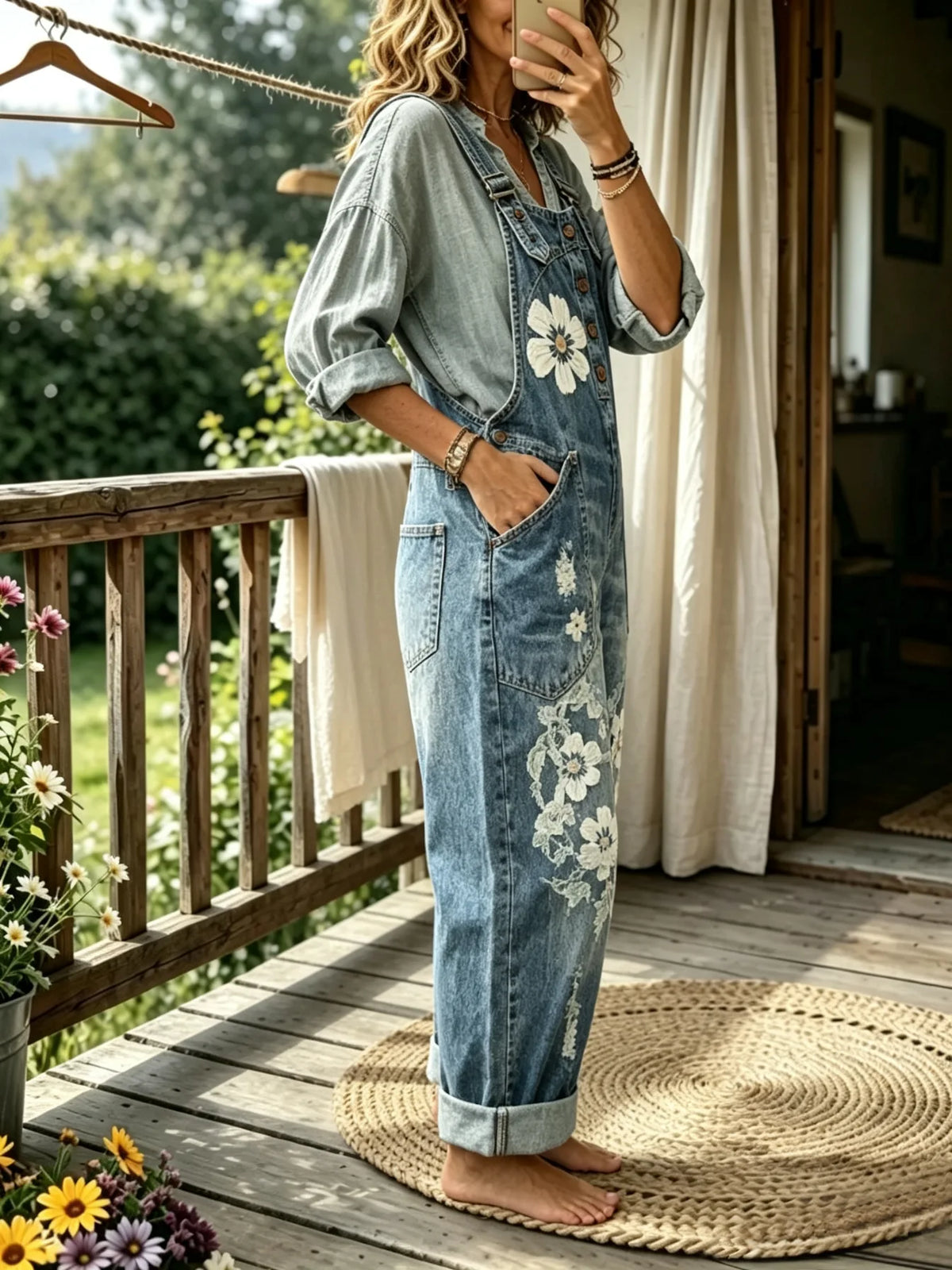 Women's Vintage Floral Washed Denim Overalls