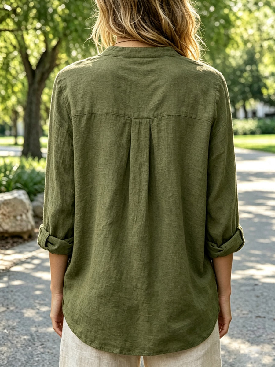 Women's Solid Color Long Sleeve Cotton And Linen Shirt