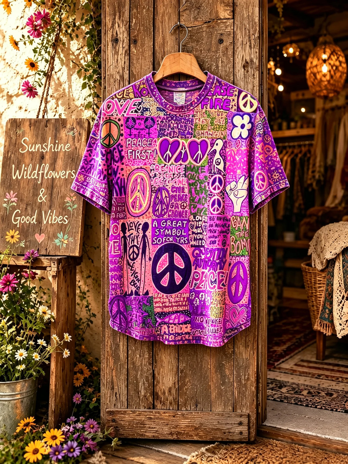 Unisex Purple Hippie Graffiti Peace Print Short Sleeve T-Shirt