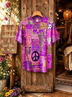 Unisex Purple Hippie Graffiti Peace Print Short Sleeve T-Shirt