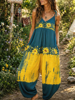 Women’s Sunflower Print Tie Dye Spaghetti Strap Boho Harem Jumpsuit With Pockets