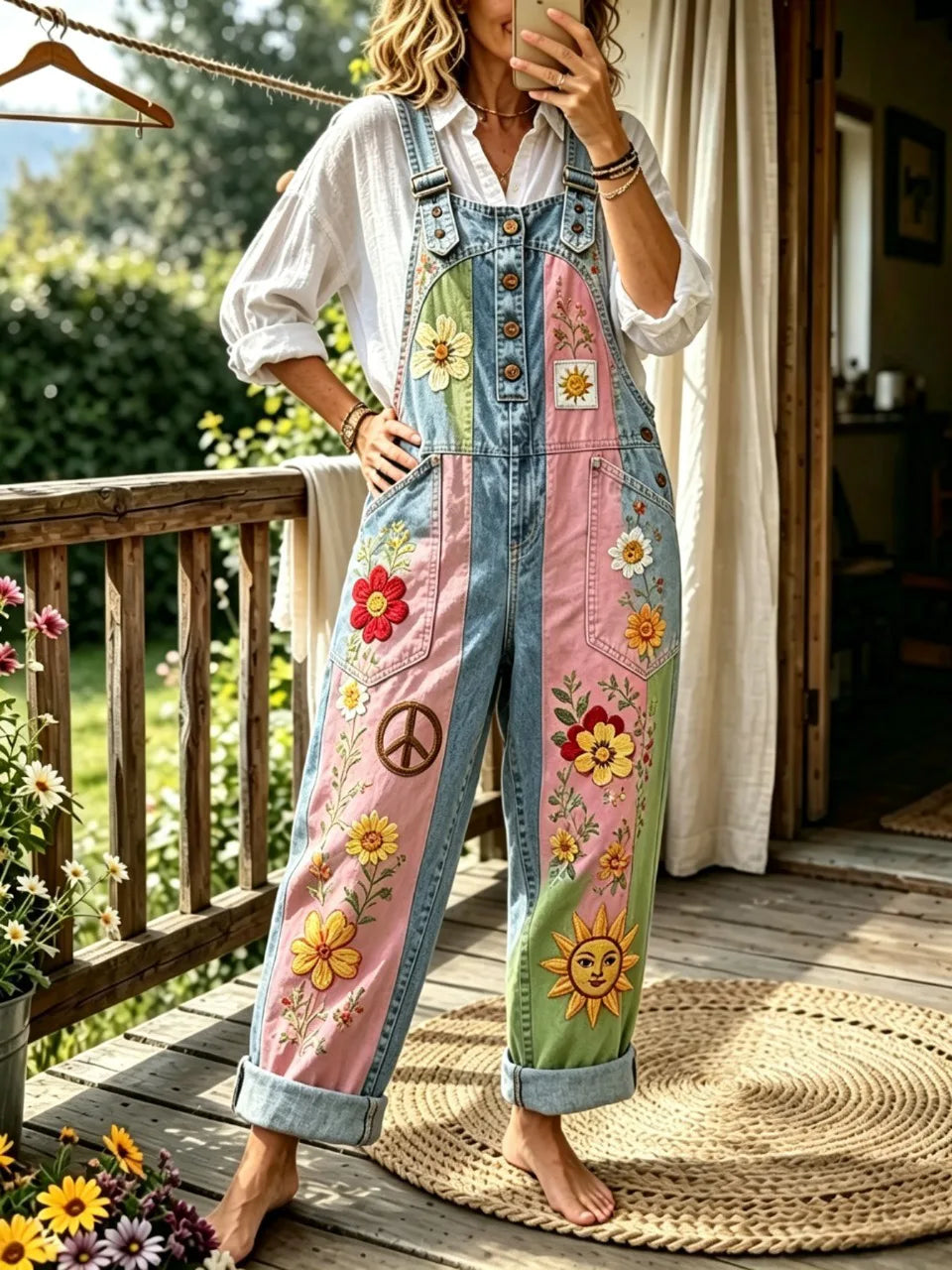 Women's Vertical Striped Colour Floral Washed Denim Overalls