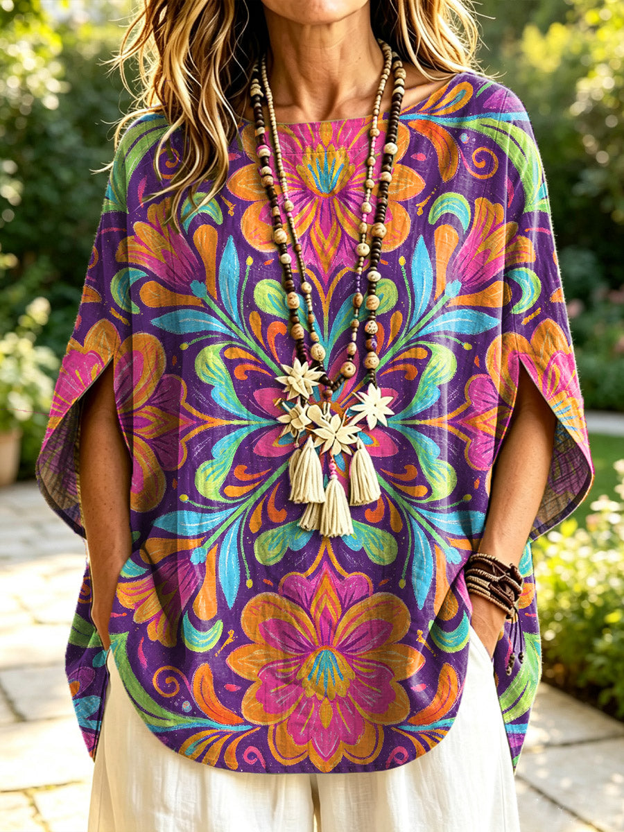 Women's Retro Floral Pattern Art Print Casual Short Sleeve Cotton Linen Shirt