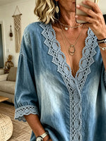 Women's Allover Lace Deep V Wrap Wide Mid-Sleeve Gradient Denim Top