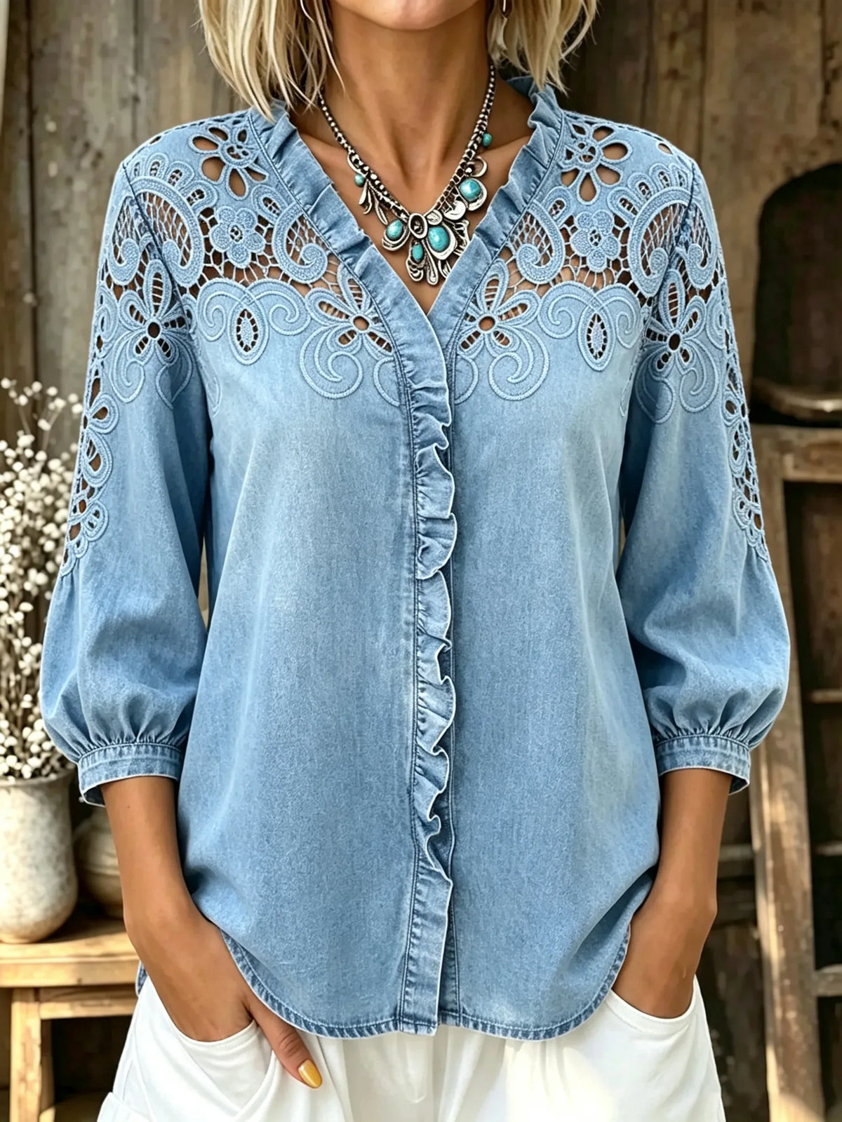 Women's Floral Cutout Ruffle V-Neck Puff 3/4 Sleeve Denim Shirt