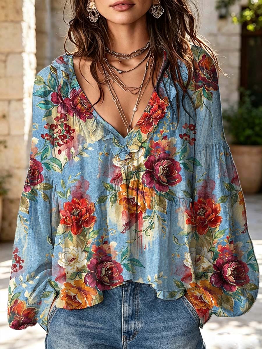 Women's Floral Pattern Art Print Ruffle Casual Long Sleeve Cotton Linen Shirt