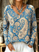 Women's Paisley Print V-Neck Long Sleeve Top