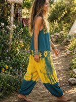 Women’s Sunflower Print Tie Dye Spaghetti Strap Boho Harem Jumpsuit With Pockets