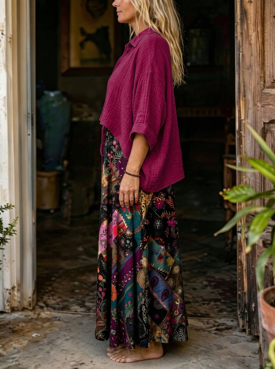 Women's Solid Magenta Oversized Shirt & Patchwork Floral Wide Leg Pants Boho 2 Piece Set