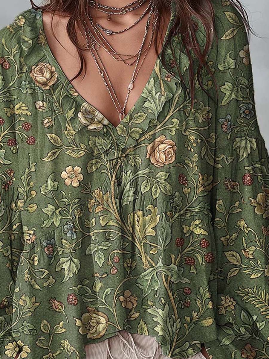 Women's Floral Pattern Art Print Ruffle Casual Long Sleeve Cotton Linen Shirt